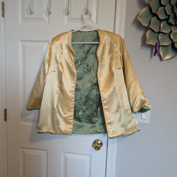 Handmade Chinoserie | Asian Jacket |  Jade Brocade w/ Gold Reversible Open front - Picture 3 of 7